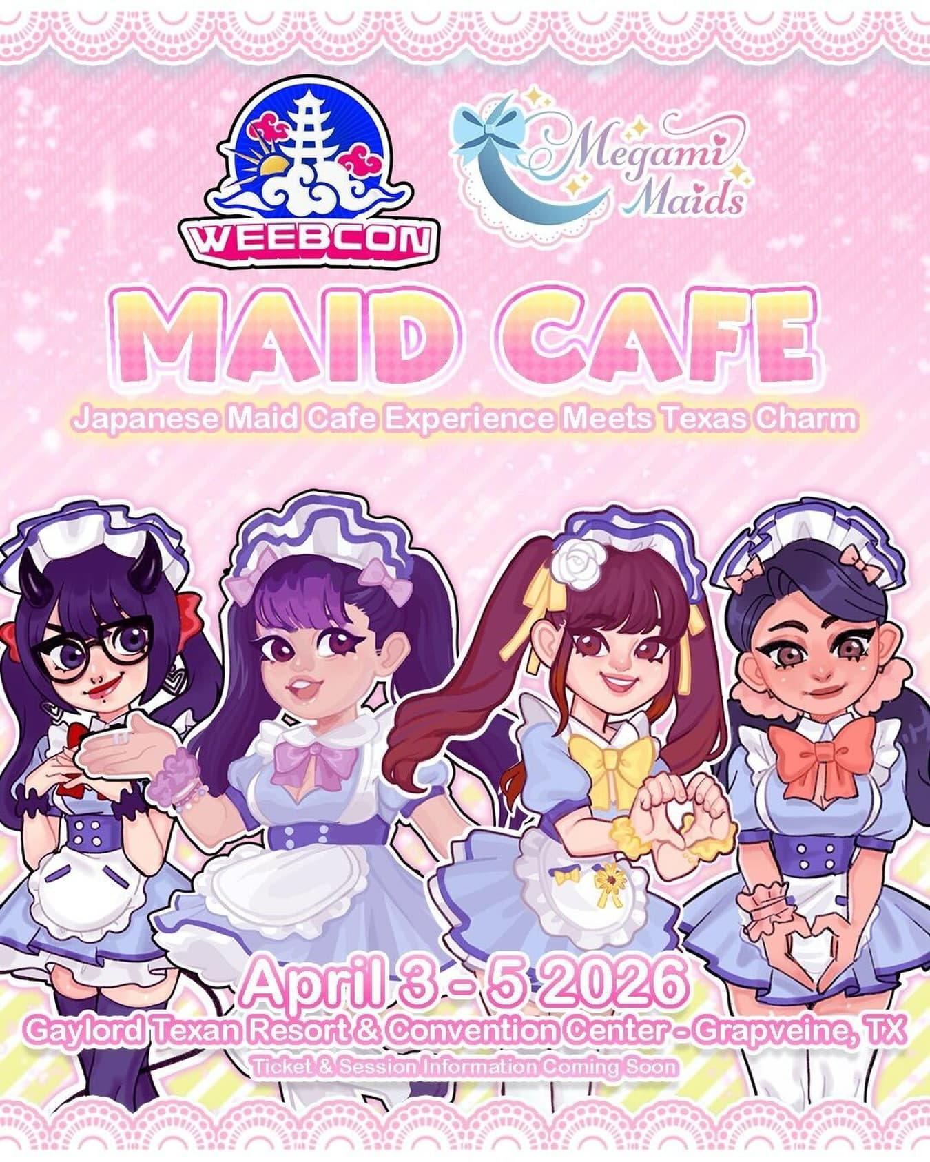 🌙 MEGAMI MAIDS 🌙 

We are proud to announce we will be bringing back our highly anticipated maid cafe experience. 💖 

@megami_maids is a local Texas-based maid cafe group with a large ensemble of maid characters and even a “Maid In Heaven” Idol group!

Tickets for their exclusive cafe experience are available TODAY (3/13) on our Tixr site (link in bio). Limited tickets are available.

What better way to be welcomed back to your home away from home at- 

🌥️WeebCon 2026🌥️