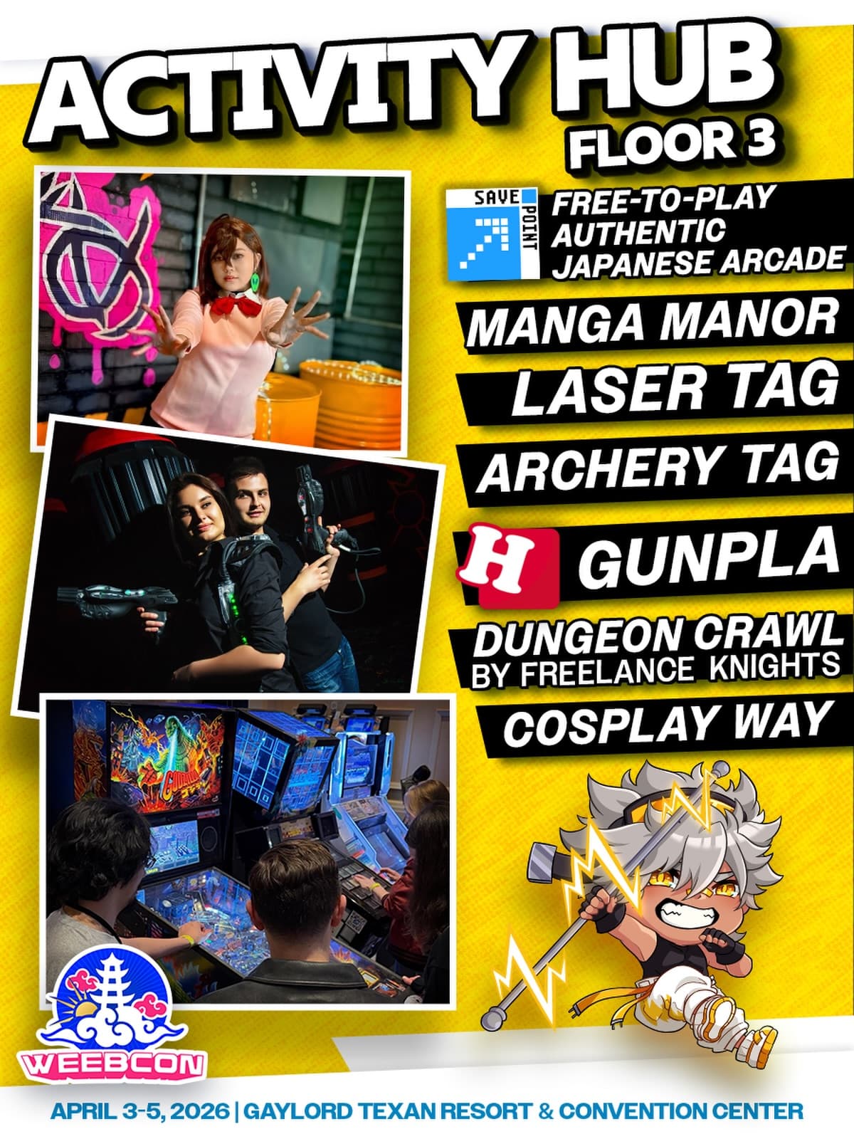 ‼️ EVENT SHOWCASE ‼️ 

We soft launched it on our map post but now we are making it official - Introducing our Activity Hub! 

The Activity Hub is a great way to level up your show experience by doing activities with your friends or just trying something new between panels, wrestling matches, or just to break from walking around the Gallery Panda Exhibitor Hall for the 8th time that day. 

 🎨 Manga Manor: See manga and comic artists who are ready for you to explore their unique worlds! 

 👾 Free Play Arcade: We brought back our friends from @savepointretro to provide a free-to-play Authentic Japanese Arcade for all our attendees! Stop by and play a game or 2, or 6, or all of them.

 🏹 Archery Tag: It’s like laser tag but instead of lasers you have to activate your inner Archer to tag your opponent with foam tip arrows! 

 📸 Cosplay Way: Enjoy the beauty of the mini worlds @thebacklotsets has created or meet some of our lovely Cosplay Guests!

 🤖 Gunpla Workshop with @hobbytown_dfw: Gunpla is a perfect way to unwind and lock in on a puzzle! Don’t know anything about it? Not a problem! HobbyTown’s helpful staff is there to assist where needed. 

 🏃‍♂️ Laser Tag: Embrace your inner stealth assassin or run in guns a blazin’ like Leroy Jenkins. Whatever you do, just have fun! 

 🧝‍♀️ D&D Dungeon Crawl: This guided Dungeons & Dragons experience is run by professional Dungeon Masters. Use your problem solving skills and imagination with Freelance Knight’s! 

WHEW! if you made it this far its because you are as excited as we are to experience our newest upgrade  in less than TWO DAYS. You know we are always cooking up new things at- 

 ⛅WeebCon 2026 ⛅