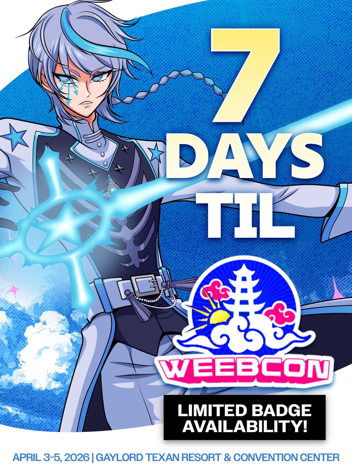⏰COUNTDOWN⏰

Only 7 days remaining until WeebCon 2026! 😳 

Incredible line up of Voice Actors and Guests? ✅

Dope looking Badges and Lanyards? ✅

One of the most beautiful venues in Texas? ✅✅

Now all that’s missing is you getting your badge to-

⛅️WeebCon 2026⛅️