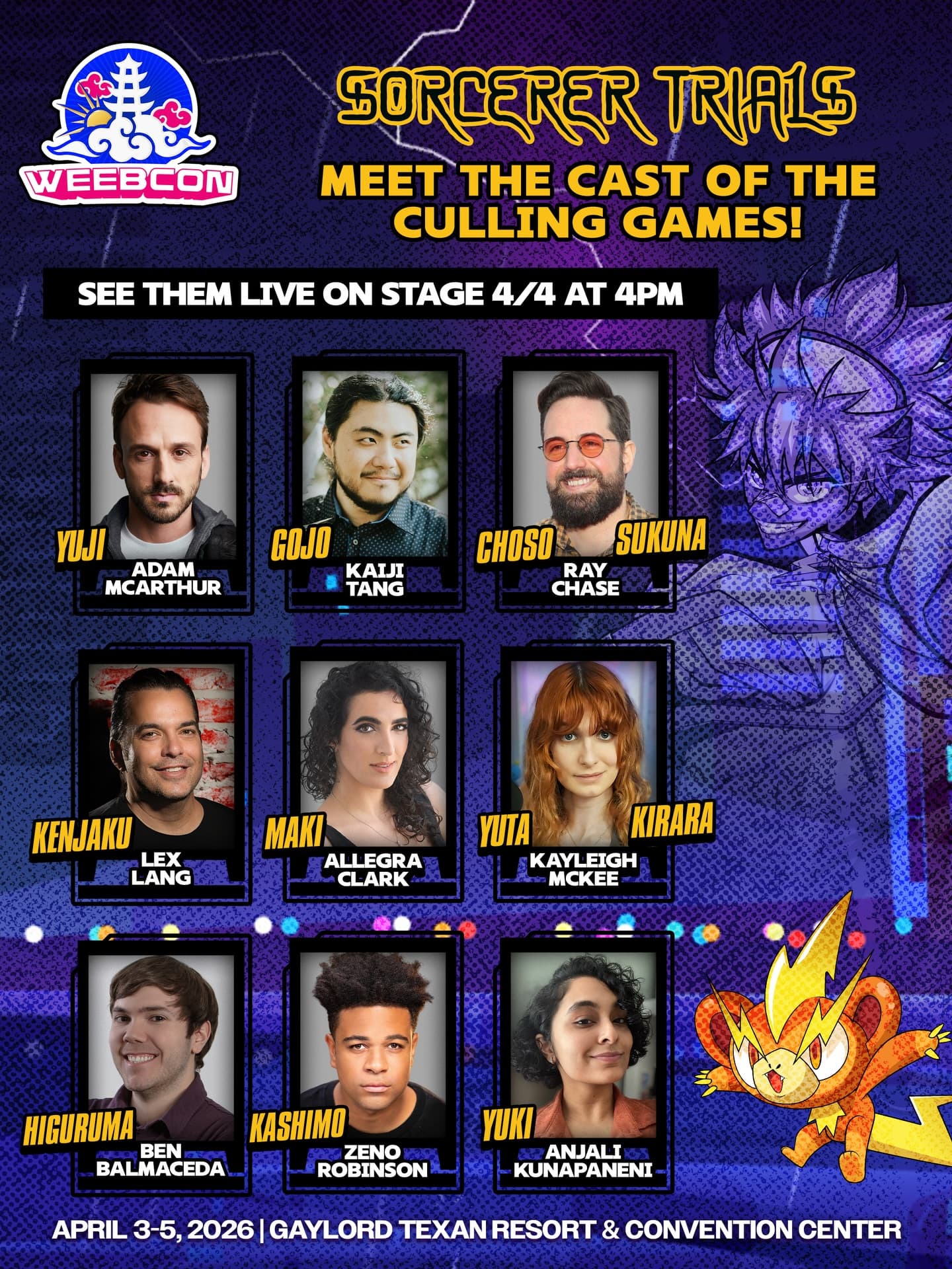 🌥️Sorcerer Trials🌥️
Who else contributed to the crash of Crunchyroll when JJK season 3 aired 🙋🏻♂️
The Culling Game has been everything Manga readers could have hoped for. Let’s celebrate what’s going to go down as a generational anime at WeebCon together. We brought well… the entire cast for you to meet, talk cursed energy, get an autograph, and see them talk all things Jujutsu Kaisen and The Culling Game on the Main Stage!
If you’ve already moved on from Nanami to Higuruma don’t talk to me fr when you see me at-
🌥️WeebCon 2026🌥️