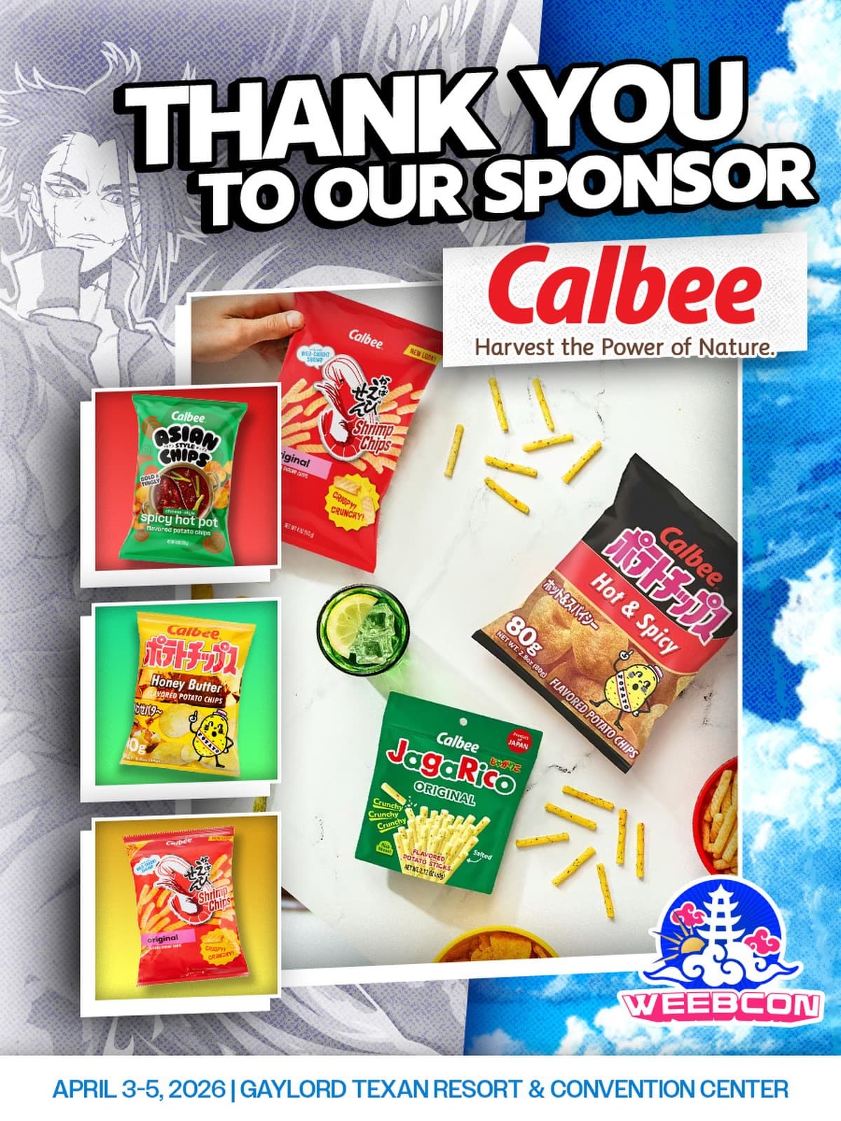 🌟 SHOW SPONSOR🌟
We incredibly proud to announce our sponsor, @calbeeusa !
Calbee started in Japan in 1949, and quickly grew to become the largest, most well-respected snack food company in the country!
Now, in two short weeks, their presence will be at WeebCon 2026 🙌