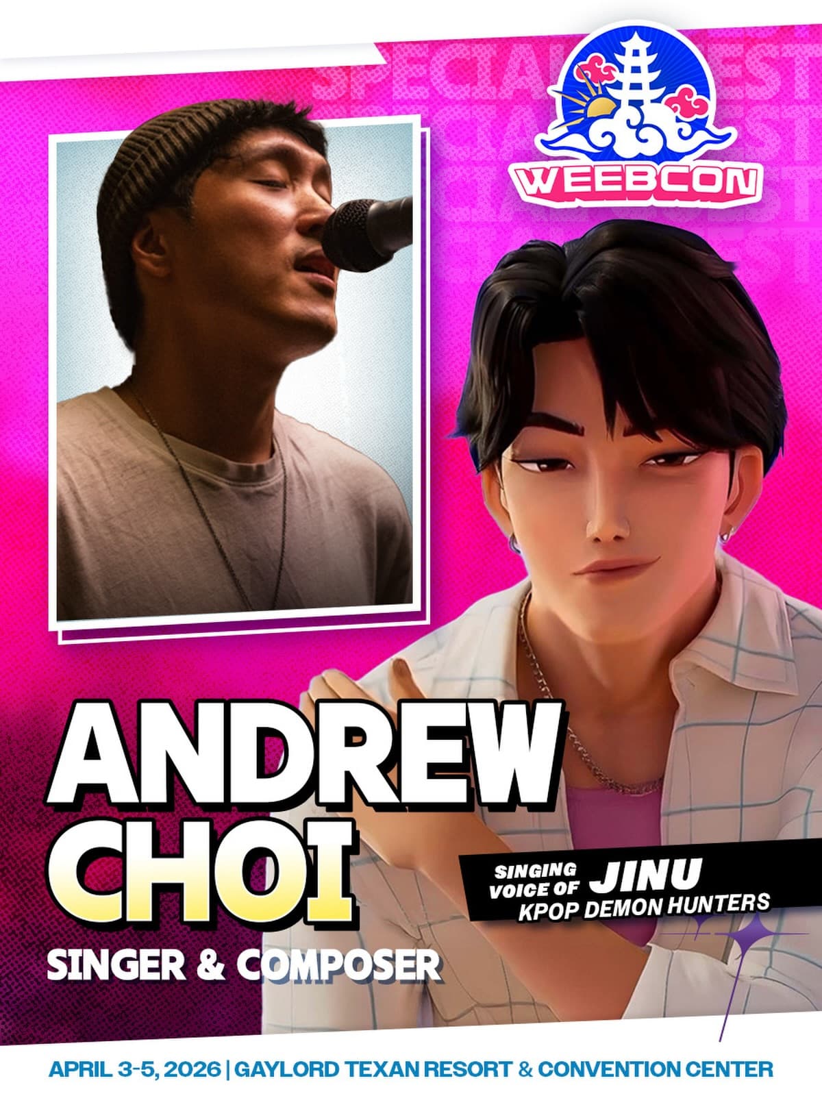🌟WEEB RED CARPET🌟
Ok guys this is the last one for real… 😈
I know we’re preaching to choir here, but if you haven’t gotten your badge yet- you’re running out of time 🤧
We are thrilled to have Andrew Choi, the voice behind the hit songs “Your Idol” and “Free” on the Netflix 2025 all time greatest hit, KPop Demon Hunters 🤯🫨- Join us as a Celebrity Guest for WeebCon 2026 🌥️
Andrew is the singing voice behind Saja Boy’s front man Jinu. Andrew hasn’t made many appearances in the states, and what better place to be than-
🌥️WeebCon 2026🌥️