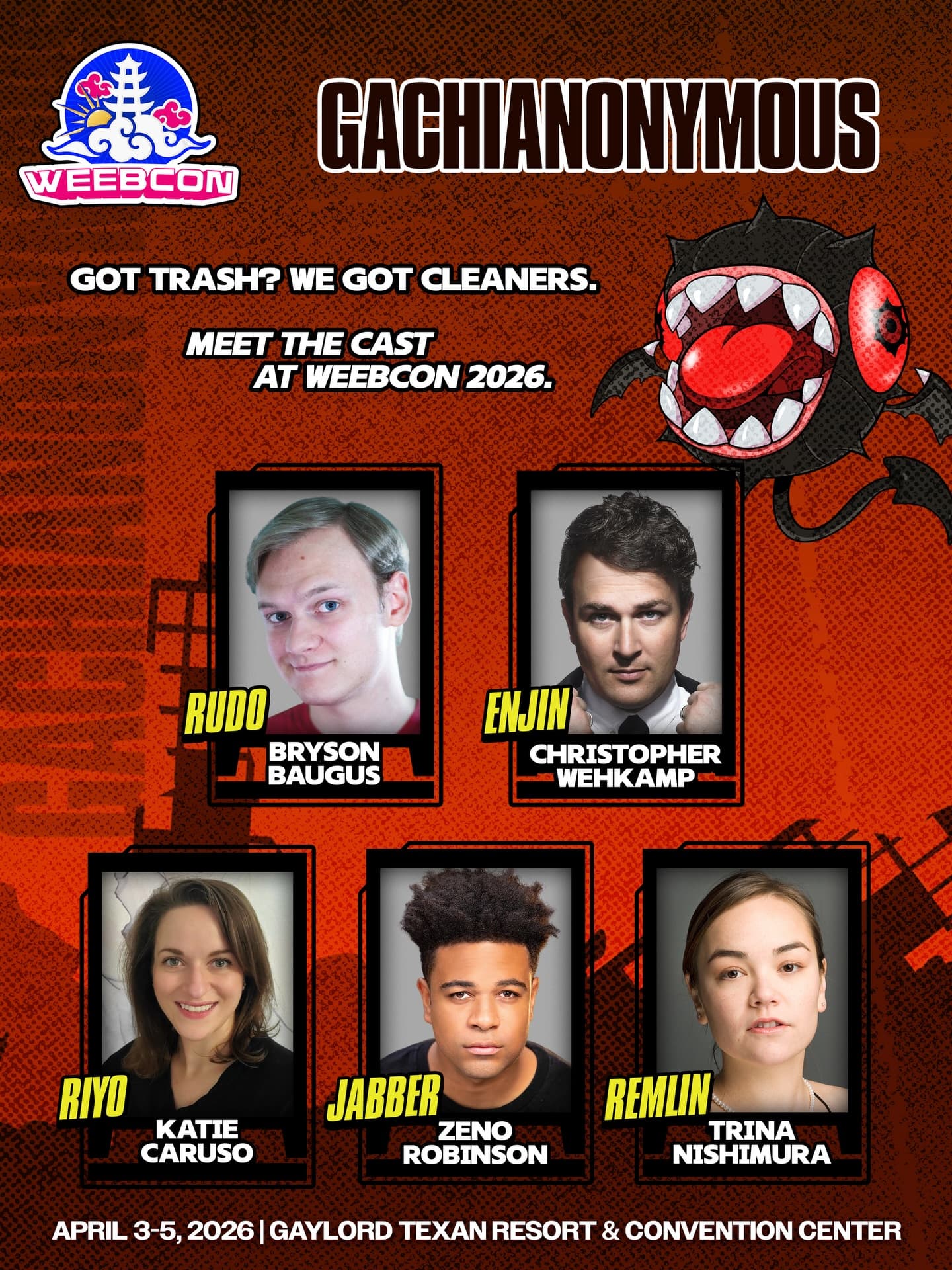 🗑️♻️CAST REUNION PANEL🗑️♻️
Everybody’s addicted to something.
Join other Gachiakuta addicts and meet the cast behind the cleaners.
See the cast on the big stage!
Go to WeebCon.net->Schedule. Add Gachianonymous to your personalized schedule 🙂↕️
It’s vital that you and the squad secure your tickets to-
⛅️WeebCon 2026⛅️